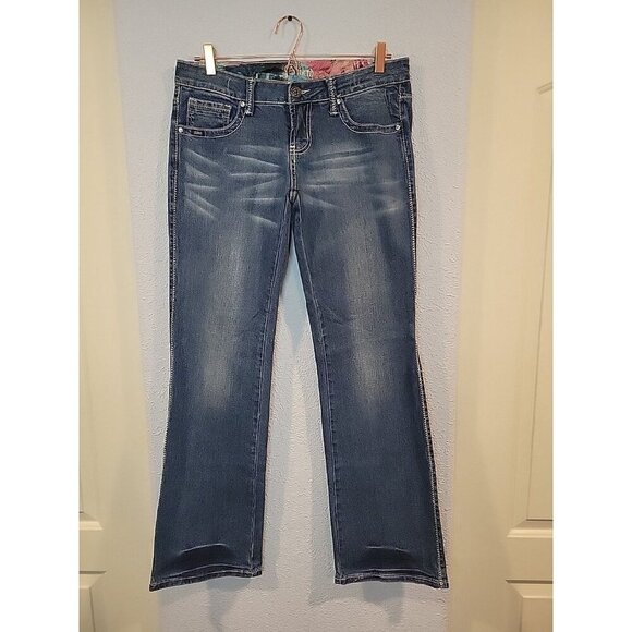 Women’s Western Blue Jeans Size 8 Adiktd Boot Cut Low Rise Embellished Stretch - Picture 1 of 8